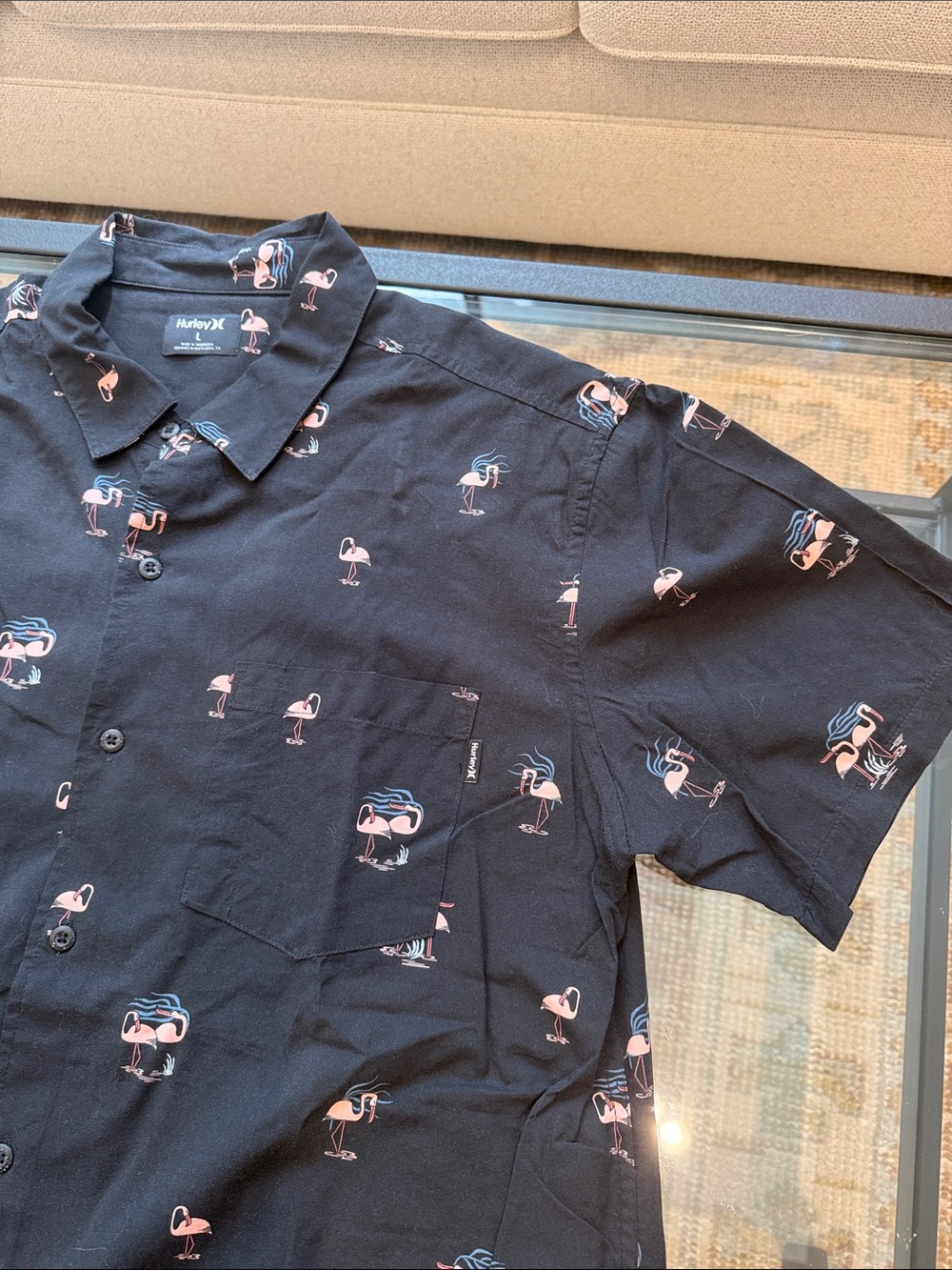 Hurley Black Short-Sleeve Button-Up with Pink Flamingo Print